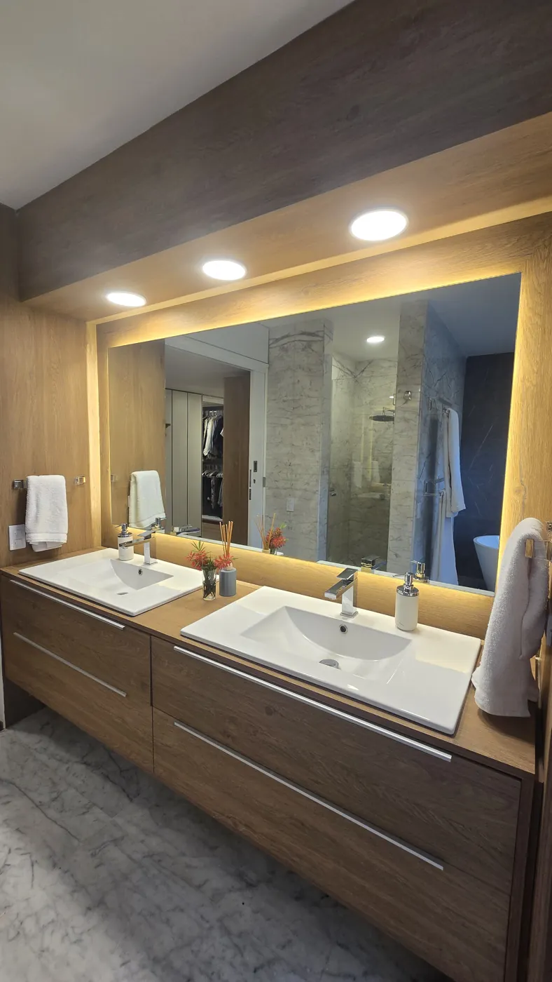 Baño remodelado por Oscar: lavamanos de madera con espejo iluminado