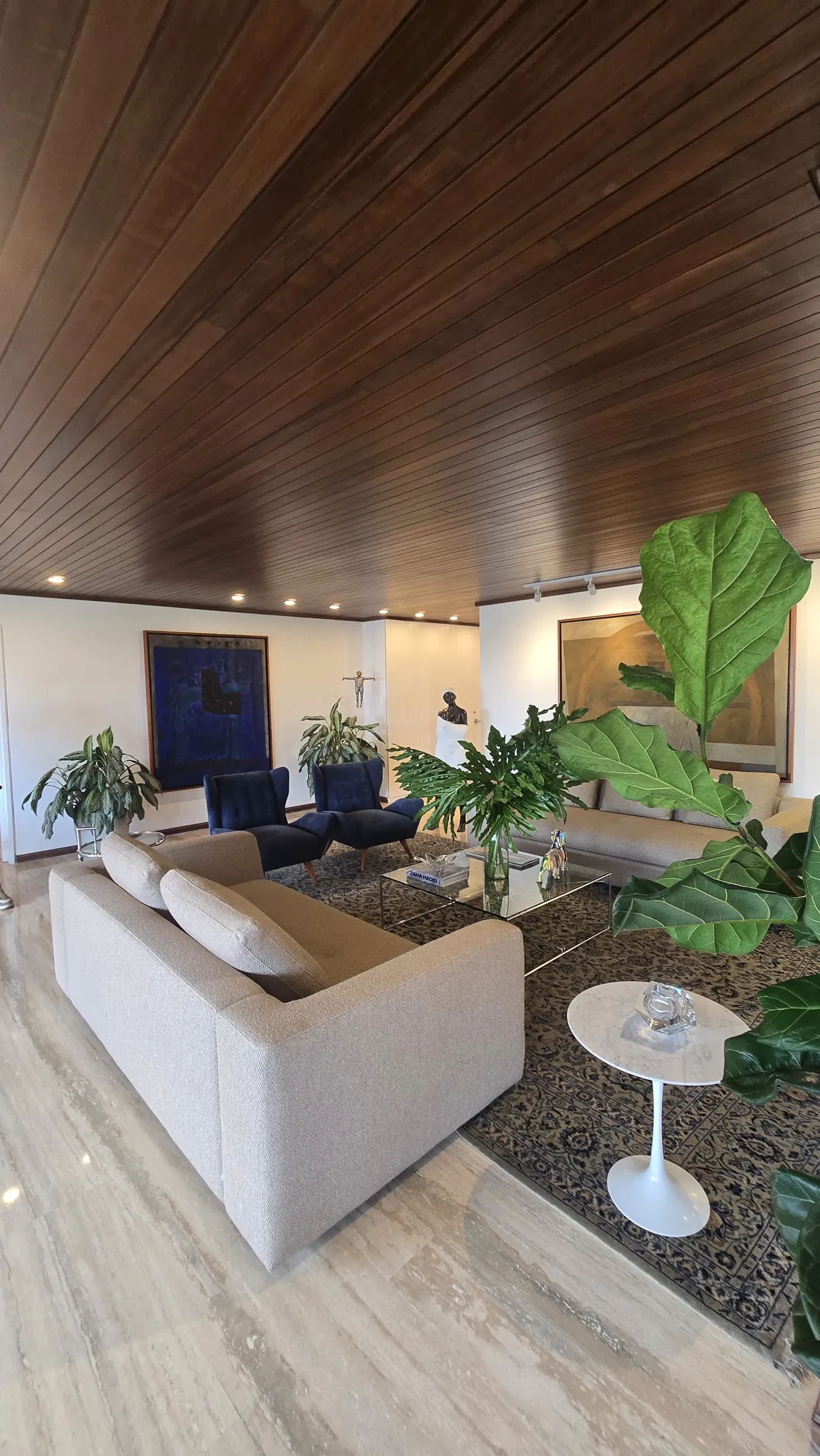 Sala de la propiedad remodelada por Oscar, con techo de madera